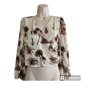 Womens Joie Cream White Long Sleeve Palm Tree Cactus Print Blouse Top Small